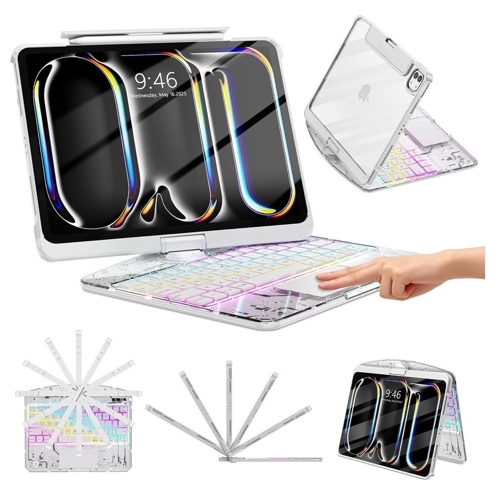 TSQQST Clear Keyboard Case iPad Pro 11 M4 M5 RGB Trackpad 360 Rotate White Cyber